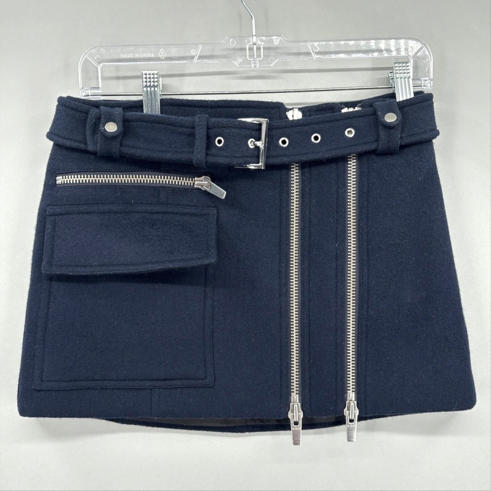 A.L.C. Skirt Womens 0 Navy Wool Mini Belted Zip Pocket Lined Fall Utility